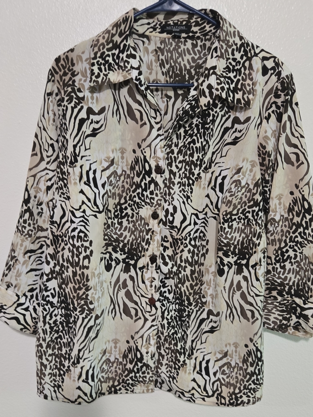 Notations Animal-Print Button Front Blouse in Beige, Black and Brown